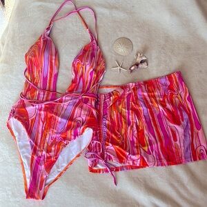 SHEIN Pink and Orange Swirl One Piece Swimsuit